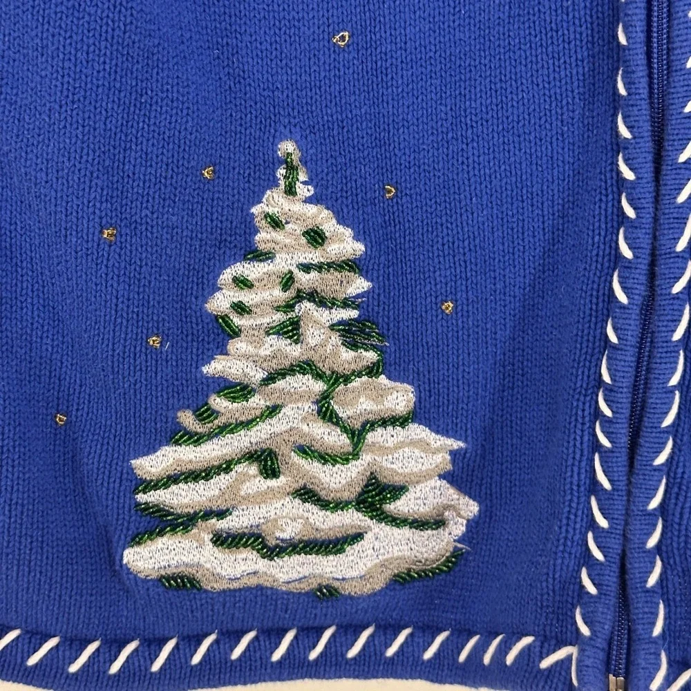 Hampshire Studio Blue Christmas Tree Zipper Cardigan Sweater‎ L Beaded Holiday - Picture 3 of 8
